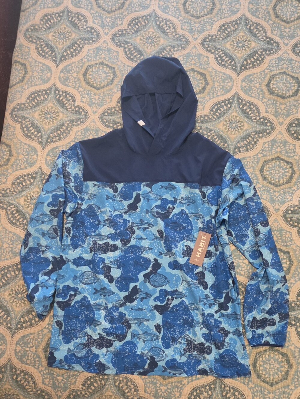 HABIT Outdoor Men's L NWT Hooded Fishing Shirt Reef Marlin Blue Camo UPF Sun